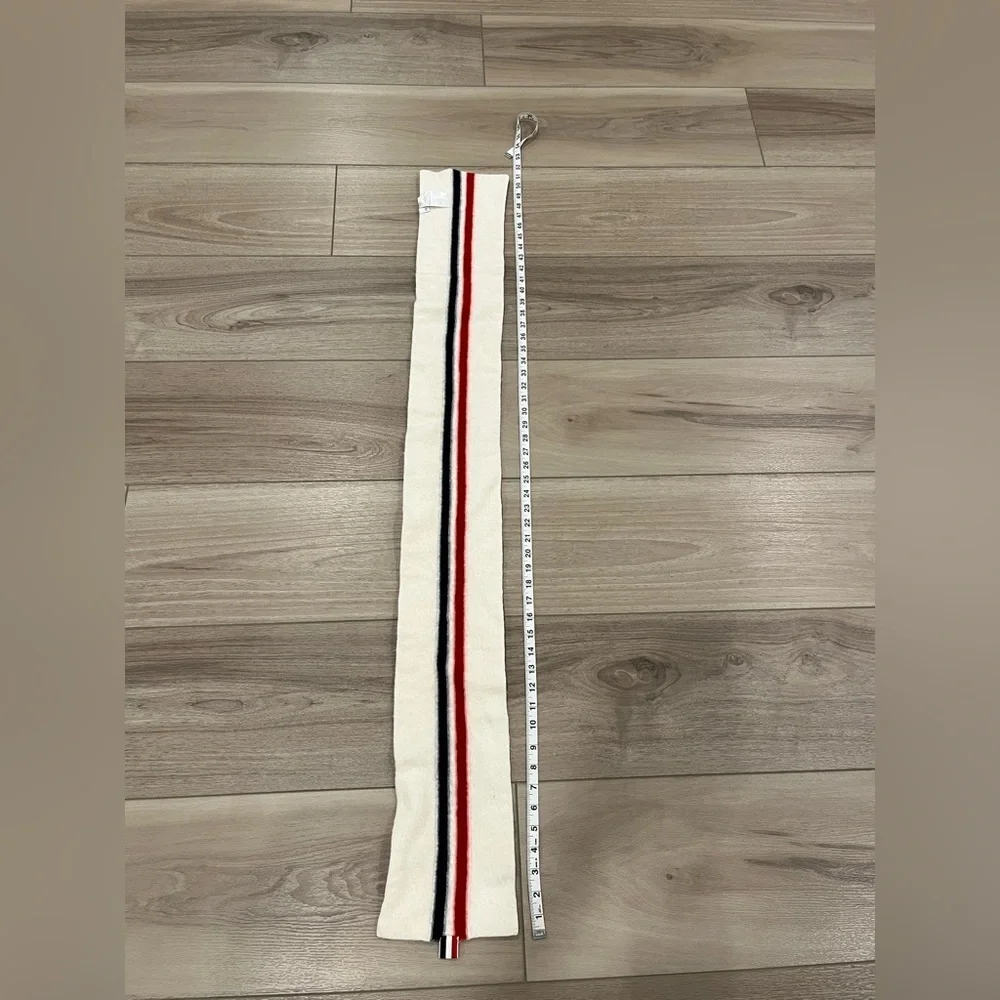 Thom Browne White Jersey Stitch Superfine Merino Wool Intarsia Stripe Scarf READ